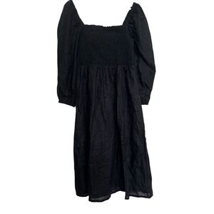 J Crew Daydream Smocked Dress Black 100% Linen Puff Sleeve Size M